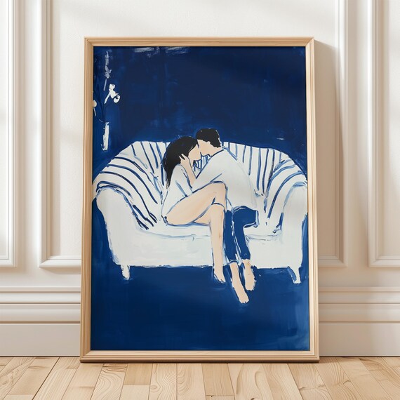 Romantic Couple Kissing on Striped Couch Midnight Blue Art Print