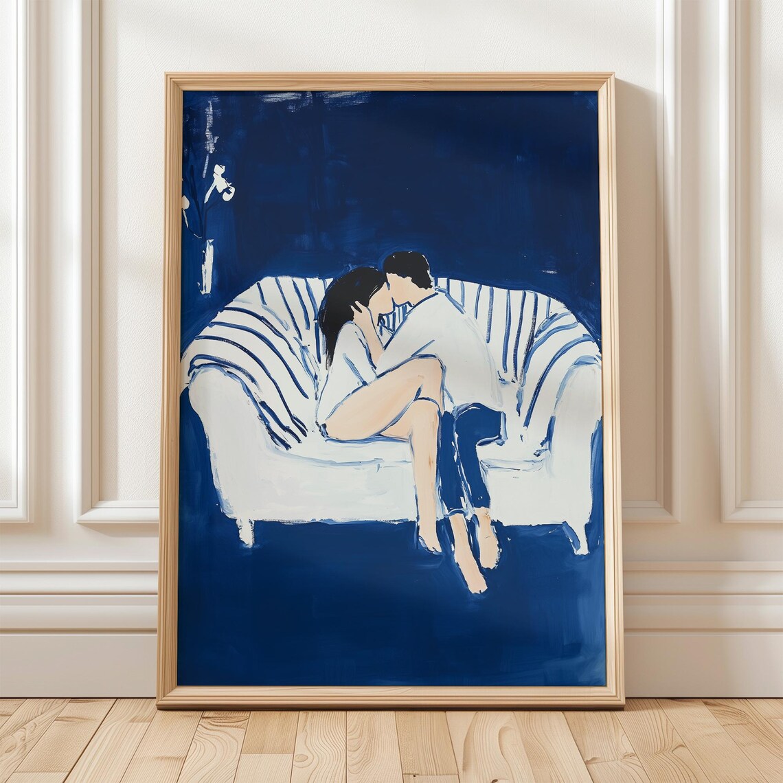 Romantic Couple Kissing on Striped Couch Midnight Blue Art Print
