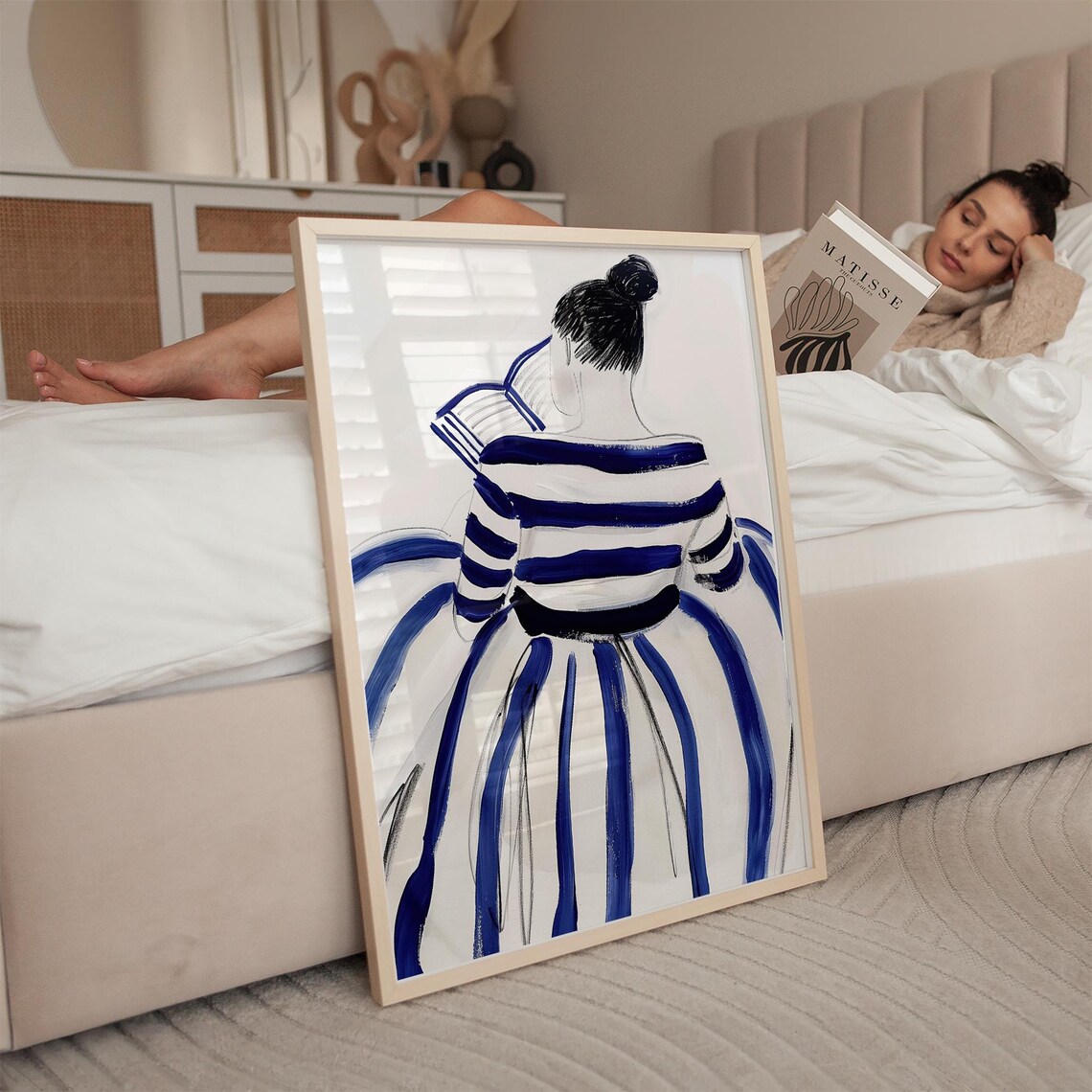Woman Reading in Blue Striped Dress Back View Fashion Art Poster - Image 4