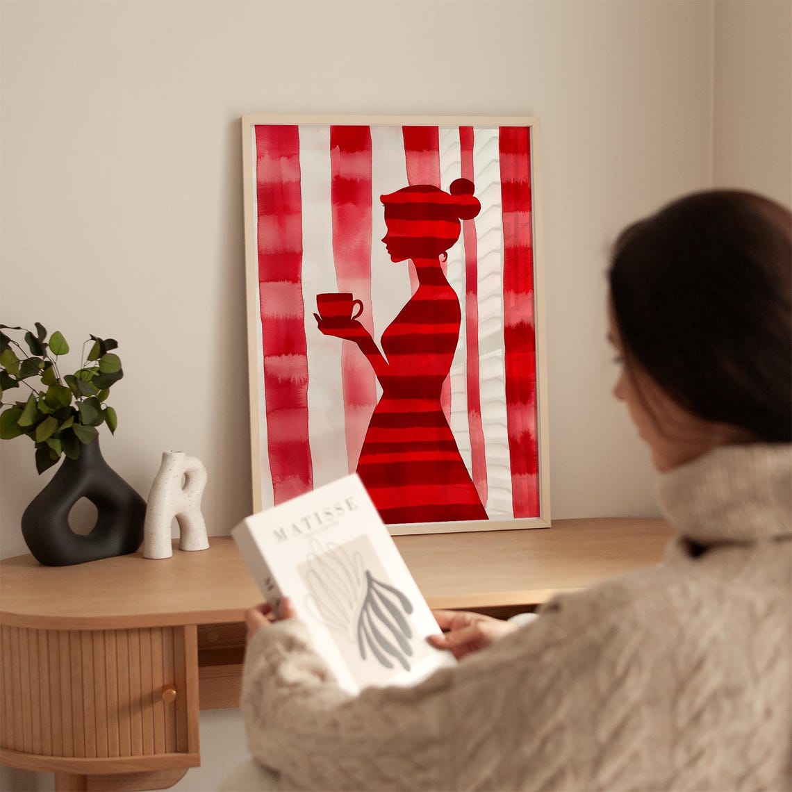 Red Striped Woman With Coffee Art Modern Abstract Print Bold Minimalist Wall Art Poster Contemporary Artwork - Image 3