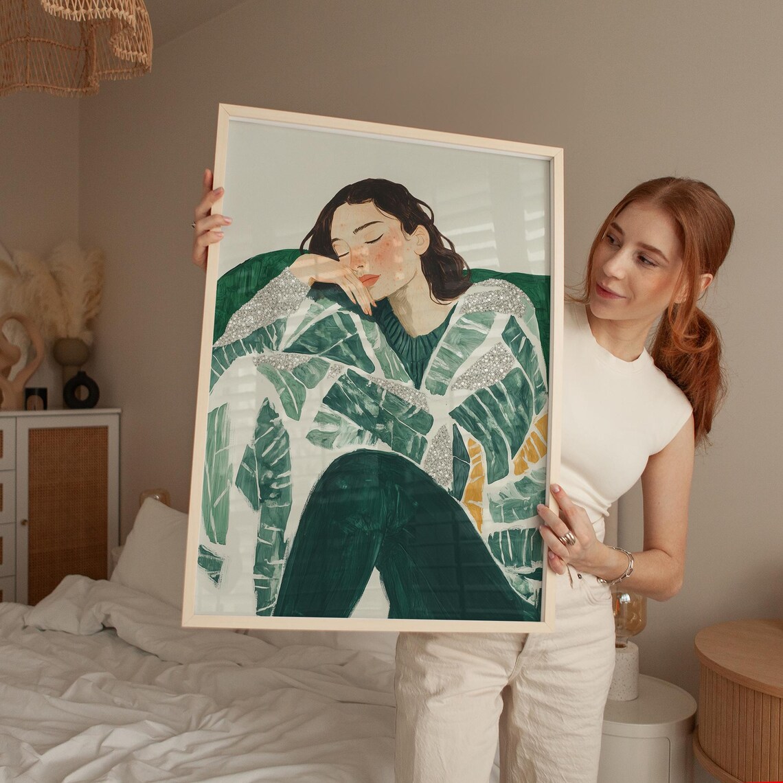 Woman In Leaf Pattern Coat Resting Modern Glitter Art Poster