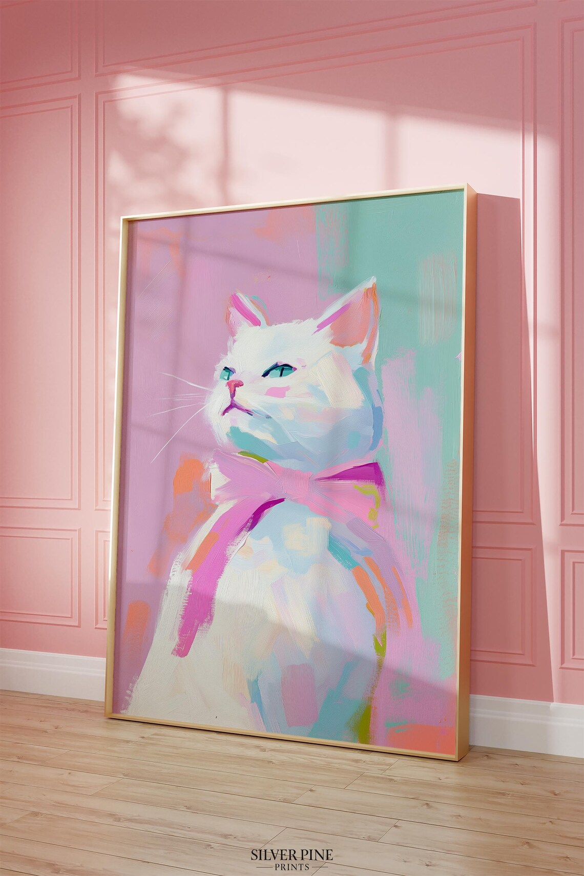 Charming White Cat Portrait With Pastel Pink Bow Pet Wall Art - Image 2
