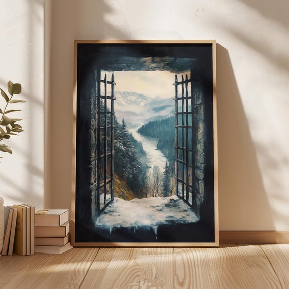 Castle Window View Winter Wall Art Snowy Mountains River Landscape Print Nordic Nature Artwork Medieval Stone Frame Fantasy Poster