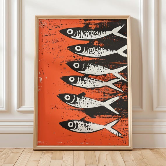 Bold Sardine Pop Art Print Vibrant Red And Black Fish Wall Art Modern Coastal Decor Abstract Sardines Artwork