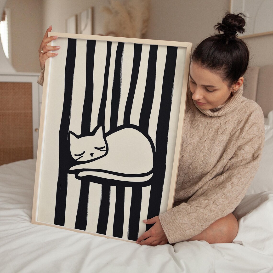 White Cat Sleeping on Black Striped Chair Graphic Monochrome Poster - Image 3