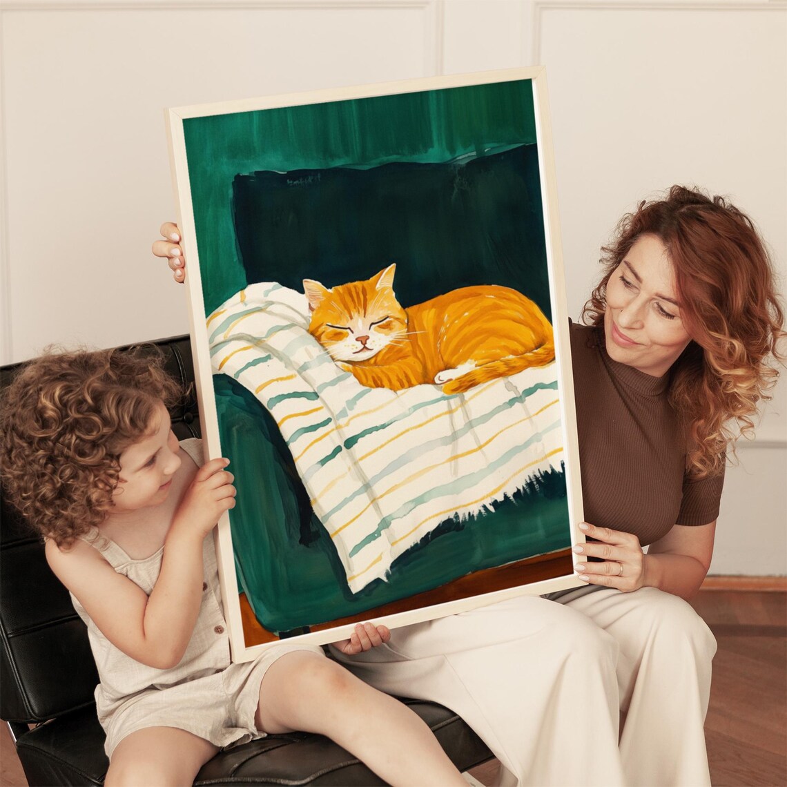 Sleeping Ginger Cat On Striped Blanket Emerald Green Wall Poster - Image 3