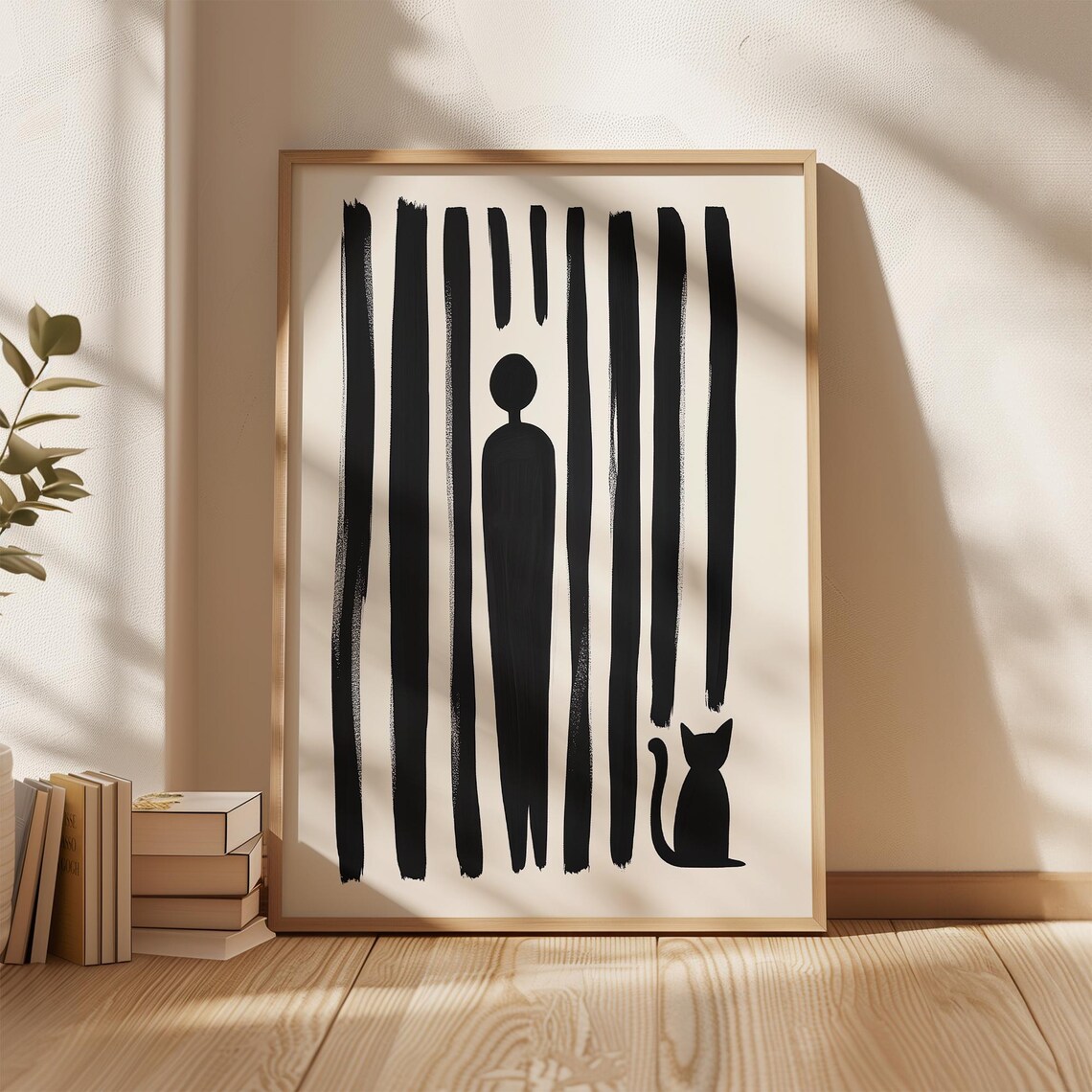 Tall Striped Figure Standing With Small Black Cat Art Poster - Image 4