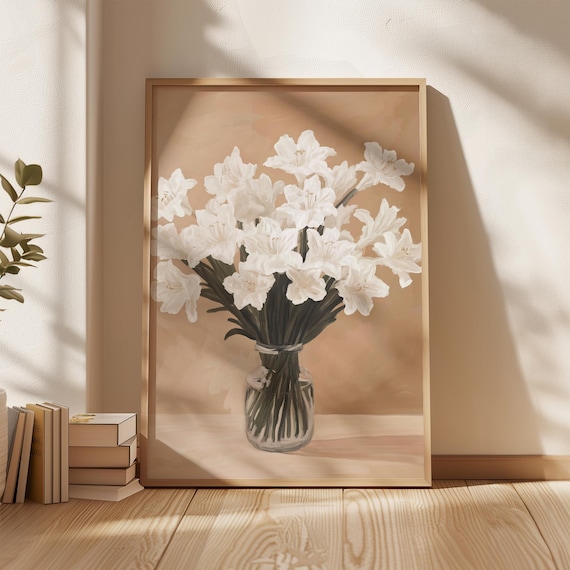 White Amaryllis Bouquet Glass Vase Beige Floral Painting Poster