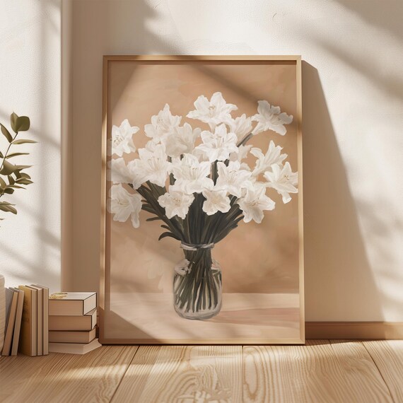 White Flower Bouquet Wall Art Beige Floral Vase Print Neutral Botanical Poster Modern Minimalist Home Decor
