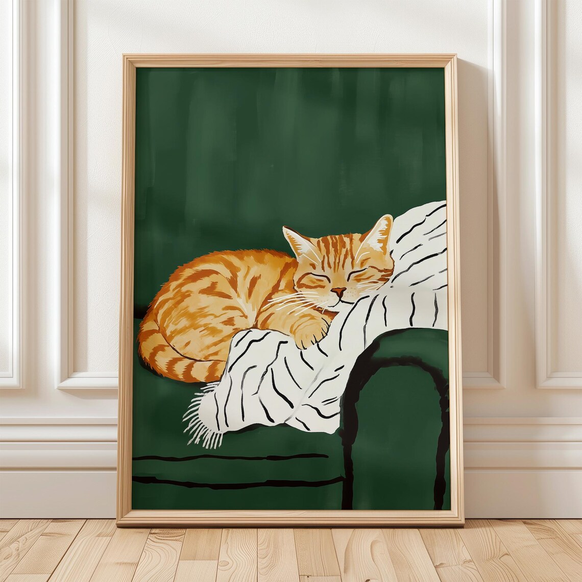 Sleeping Orange Tabby Cat on White Blanket Green Sofa Poster