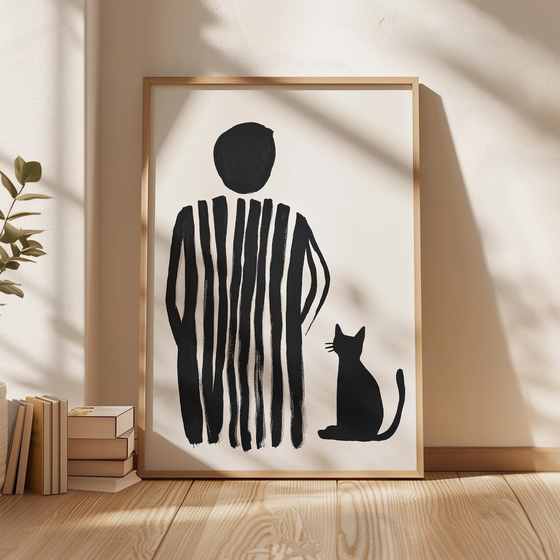 Woman and Small Cat Silhouette Minimalist Stripes Art Poster - Image 4