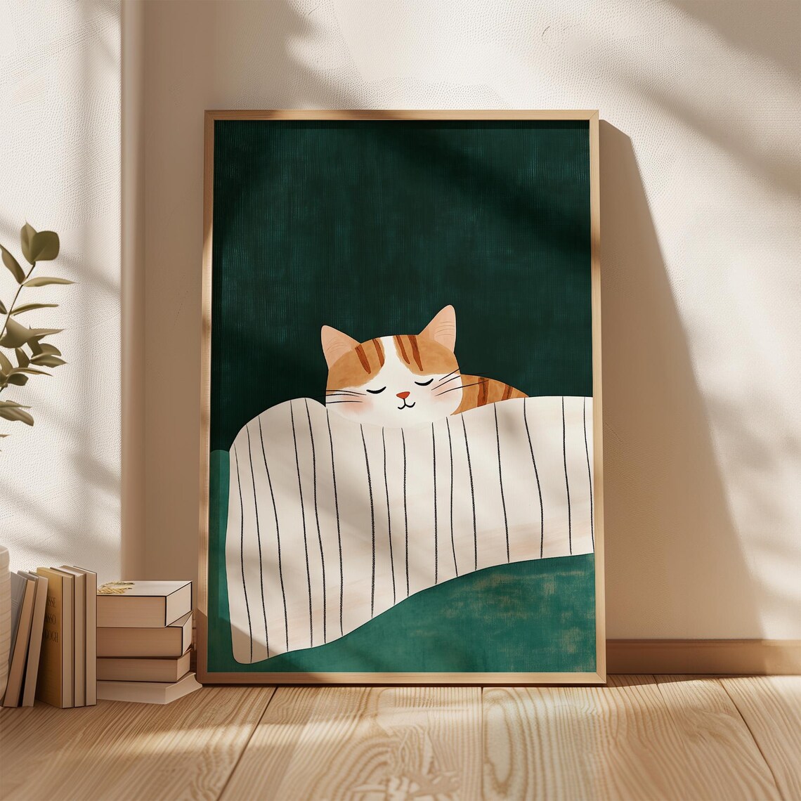 Cute Orange Tabby Cat Napping Under Striped Blanket Art Poster - Image 4