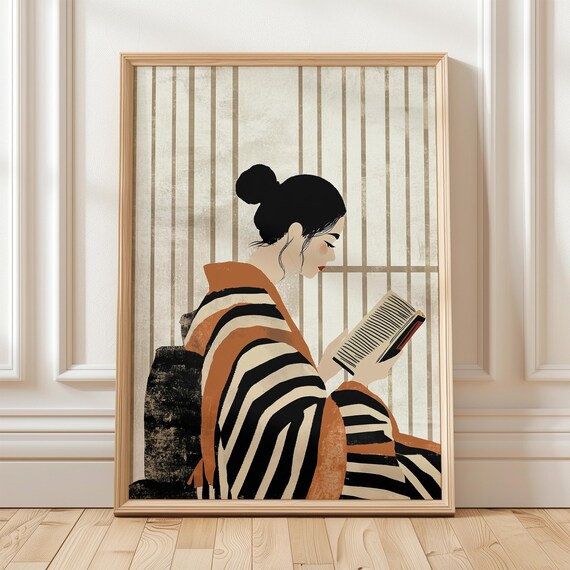 Woman Reading in Striped Kimono Robe Elegant Minimalist Book Poster