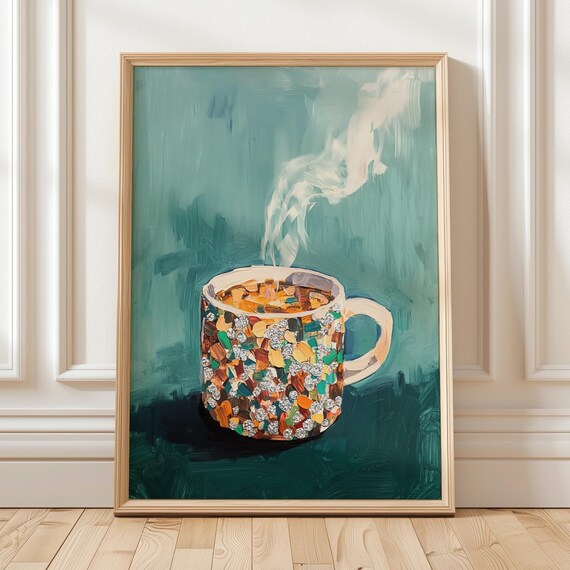 Abstract Steaming Coffee Mug, Modern Kitchen Art Print