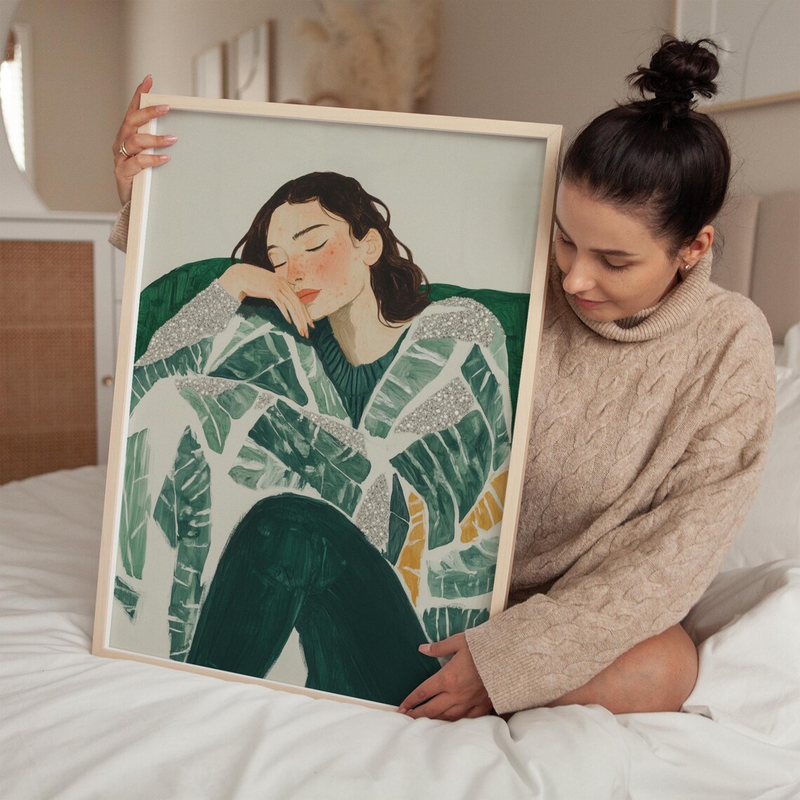 Woman In Leaf Pattern Coat Resting Modern Glitter Art Poster - Image 3