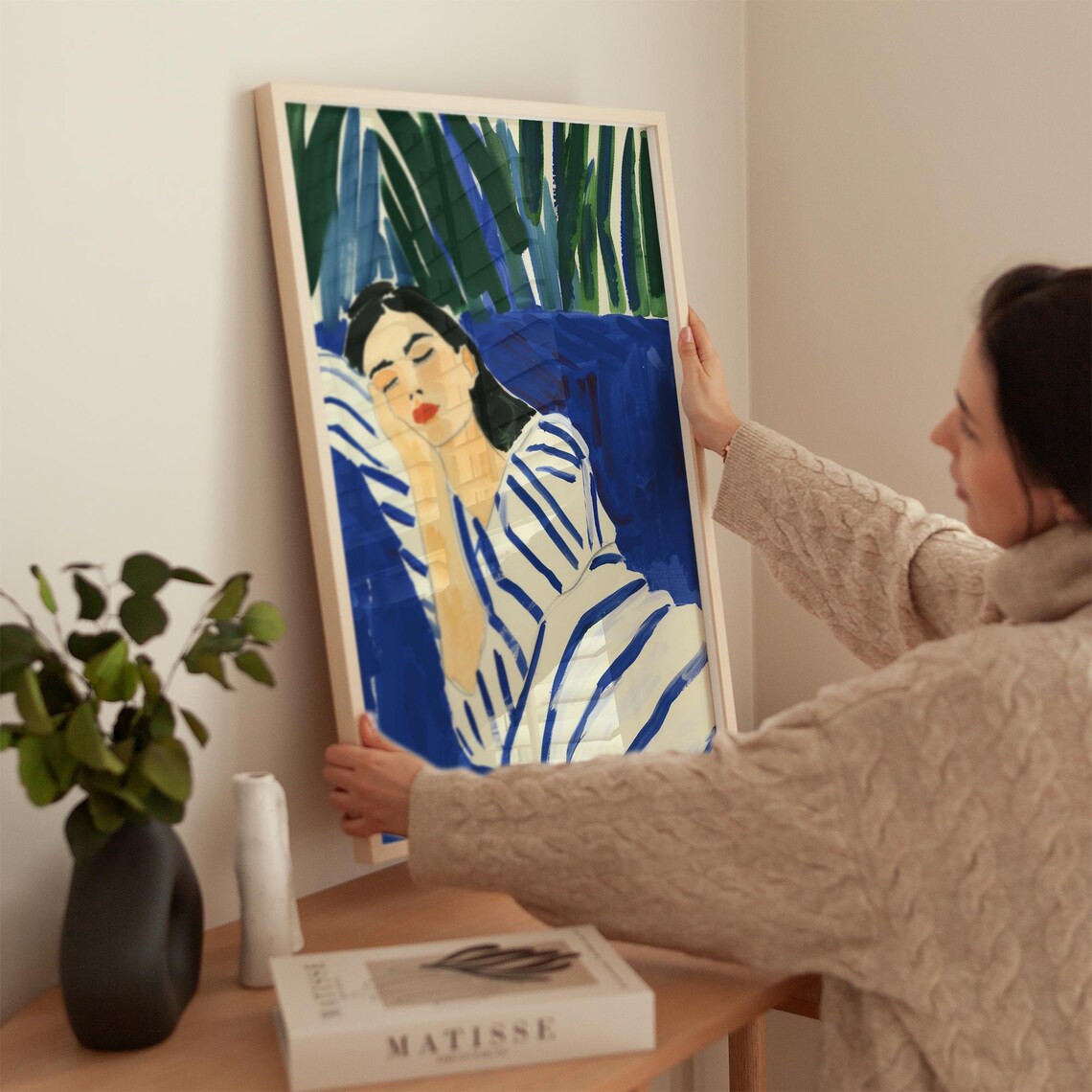 Resting Woman Wrapped in Stripes Cobalt Blue Floral Watercolor Poster - Image 3