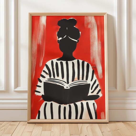 Woman Reading Book Black White Striped Red Background Art Poster