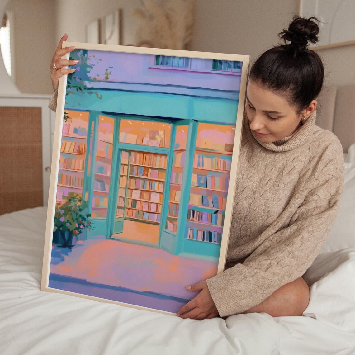 Pastel Turquoise Bookstore Storefront Painting With Warm Glow Poster - Image 5