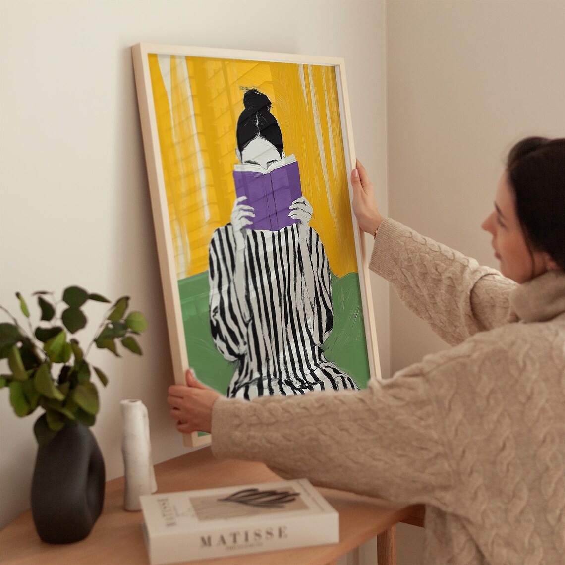 Woman in Striped Dress Reading Purple Book Sunny Yellow Poster - Image 5