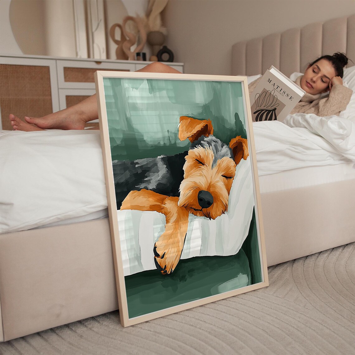 Sleeping Dog Art Print, Airedale Terrier Pillow - Image 5