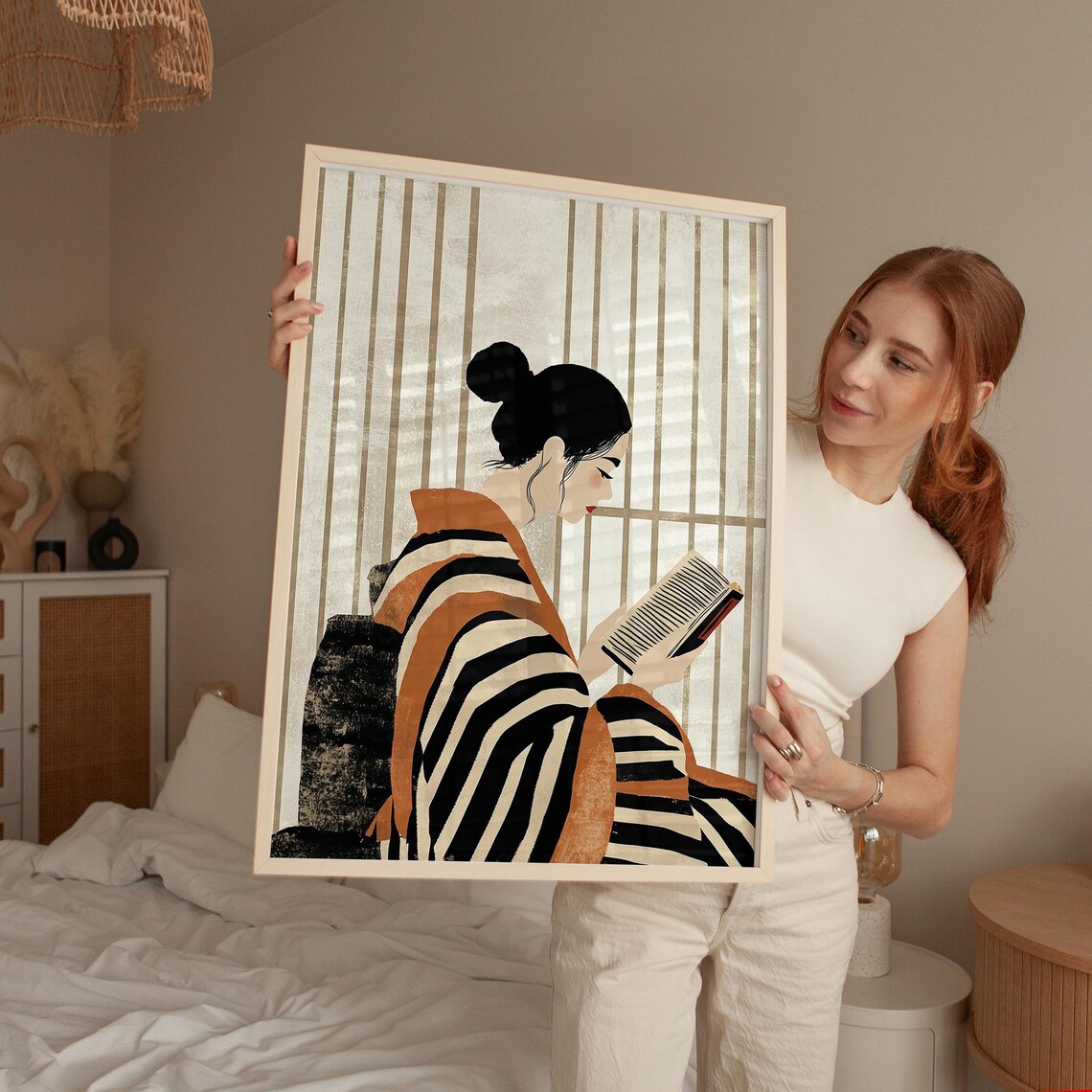 Woman Reading in Striped Kimono Robe Elegant Minimalist Book Poster - Image 5
