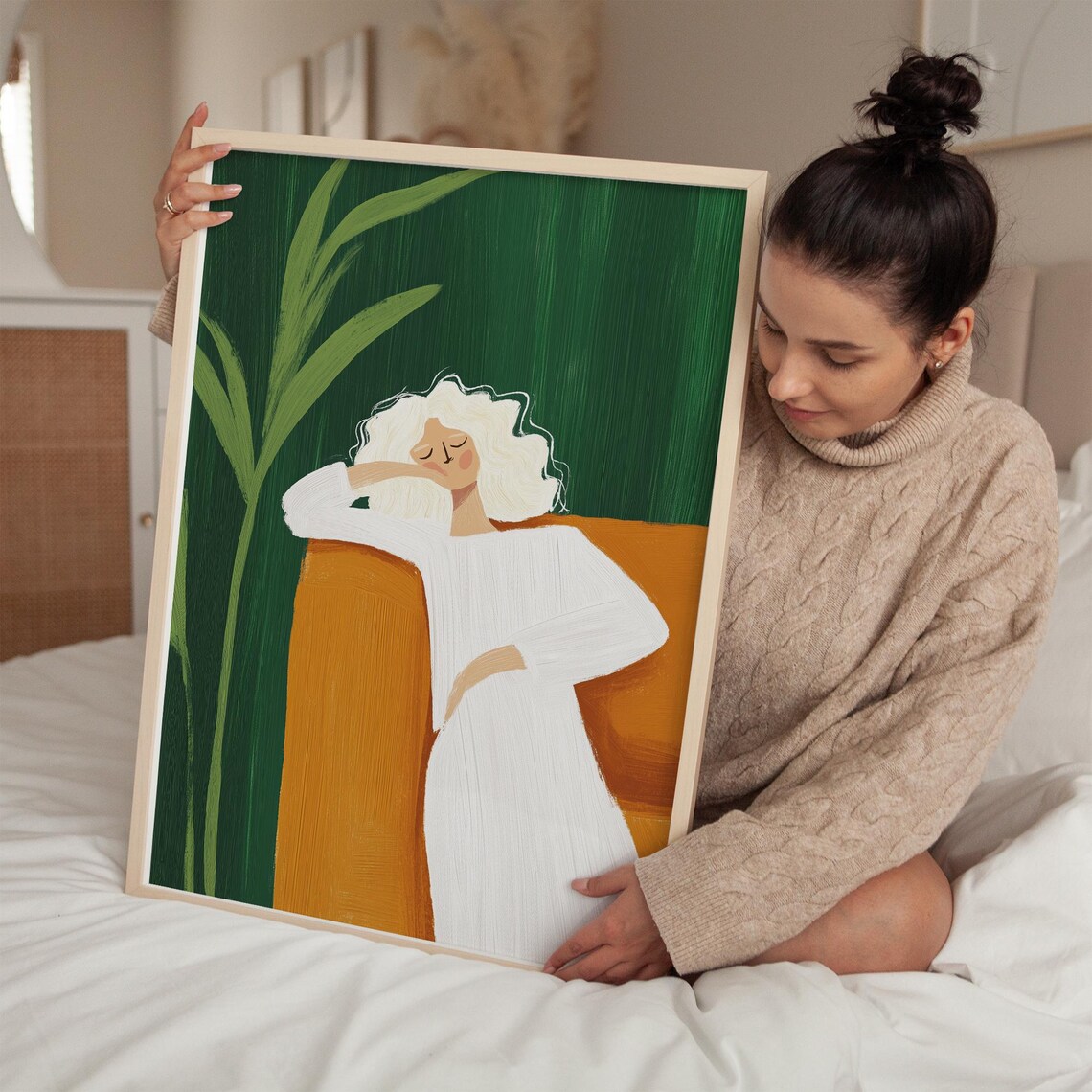 White-Haired Woman Resting in White Dress Modern Minimalist Poster - Image 3