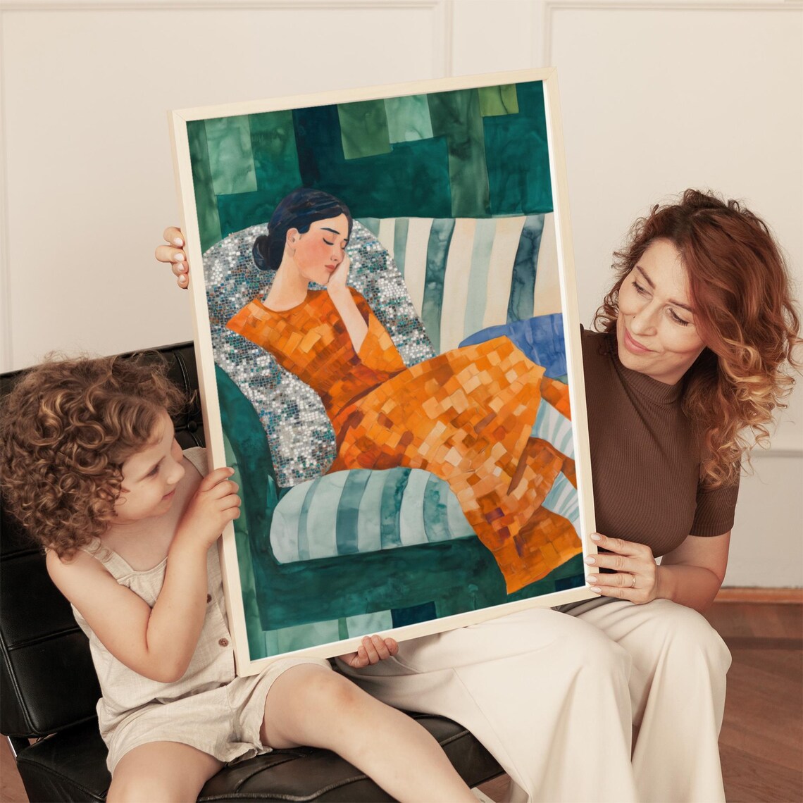 Sleeping Woman Orange Mosaic Blanket Peaceful Green Art Poster - Image 4