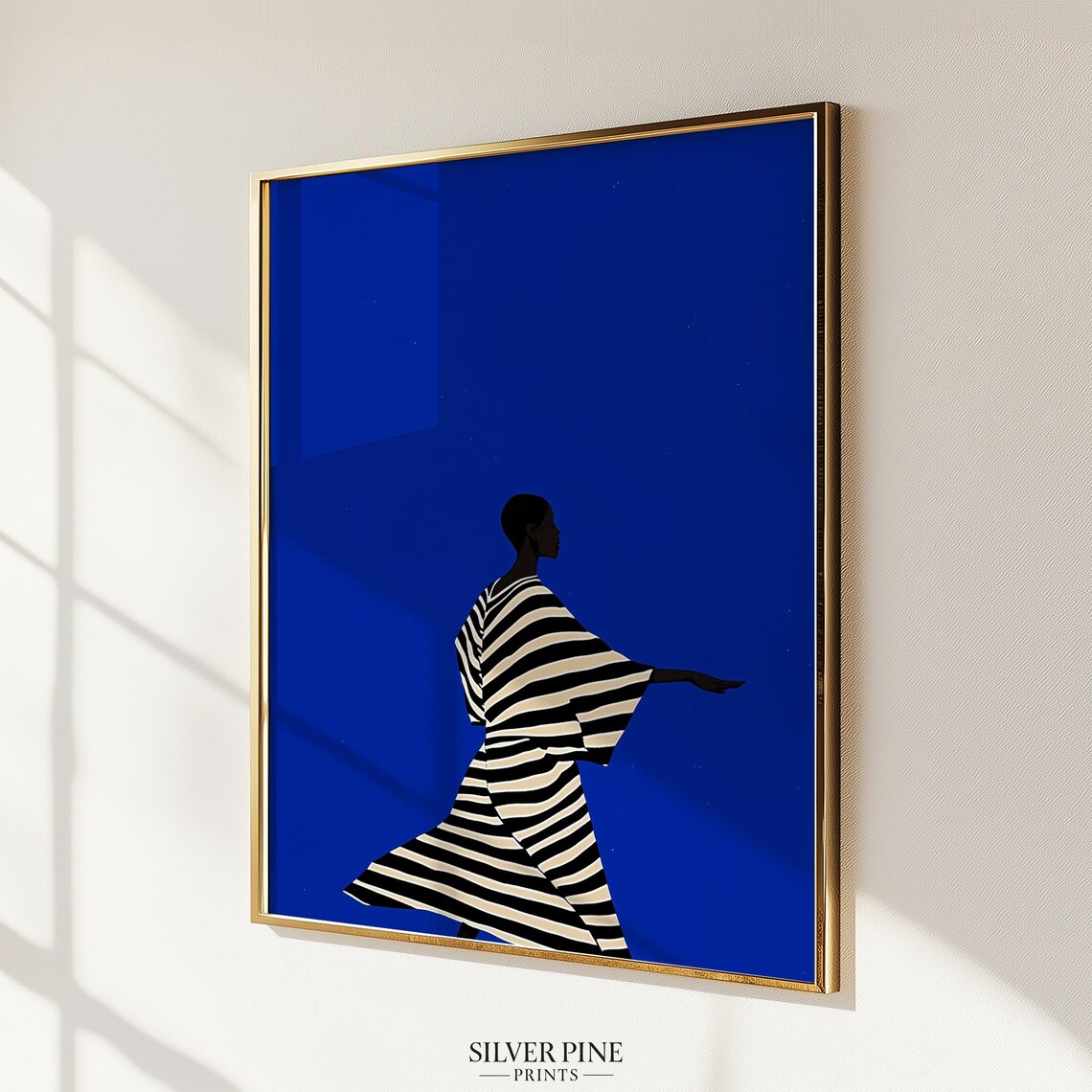 Striped Dress Silhouette Woman on Cobalt Blue Minimalist Art Poster - Image 2