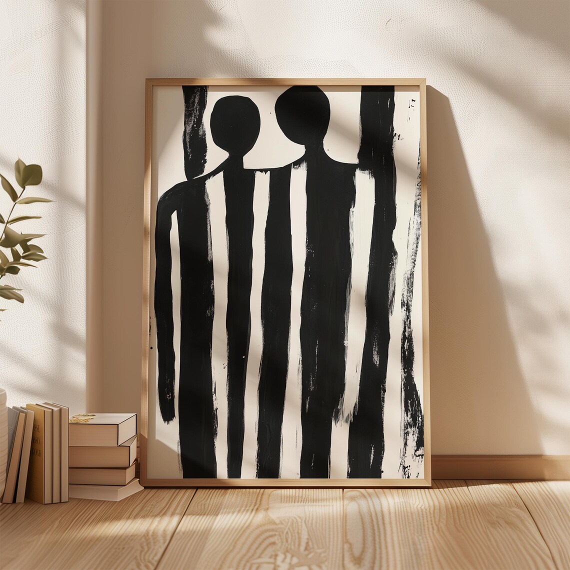 Minimalist Couple Silhouette in Black Stripe Figure Art Poster - Image 2