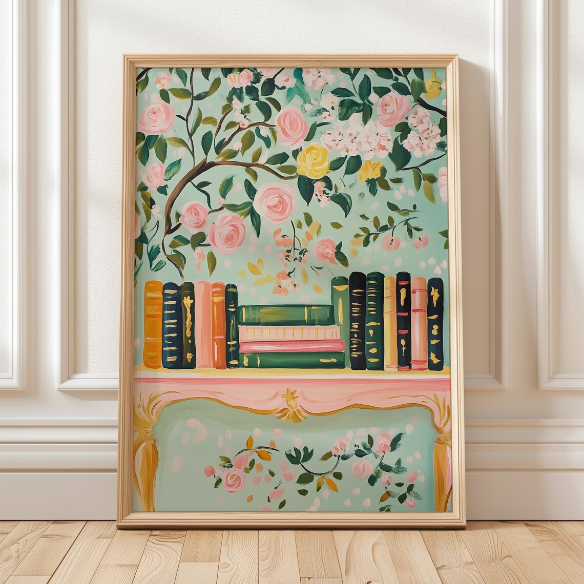 Floral Bookshelf Art Print, Feminine Book Lover Gift