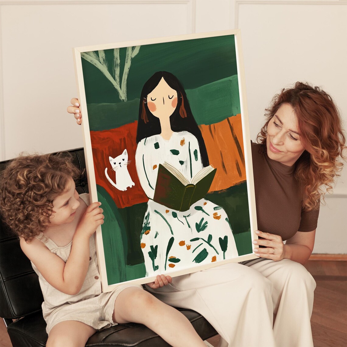 Reading Woman with White Cat Cozy Book Lover Minimalist Art Poster - Image 3