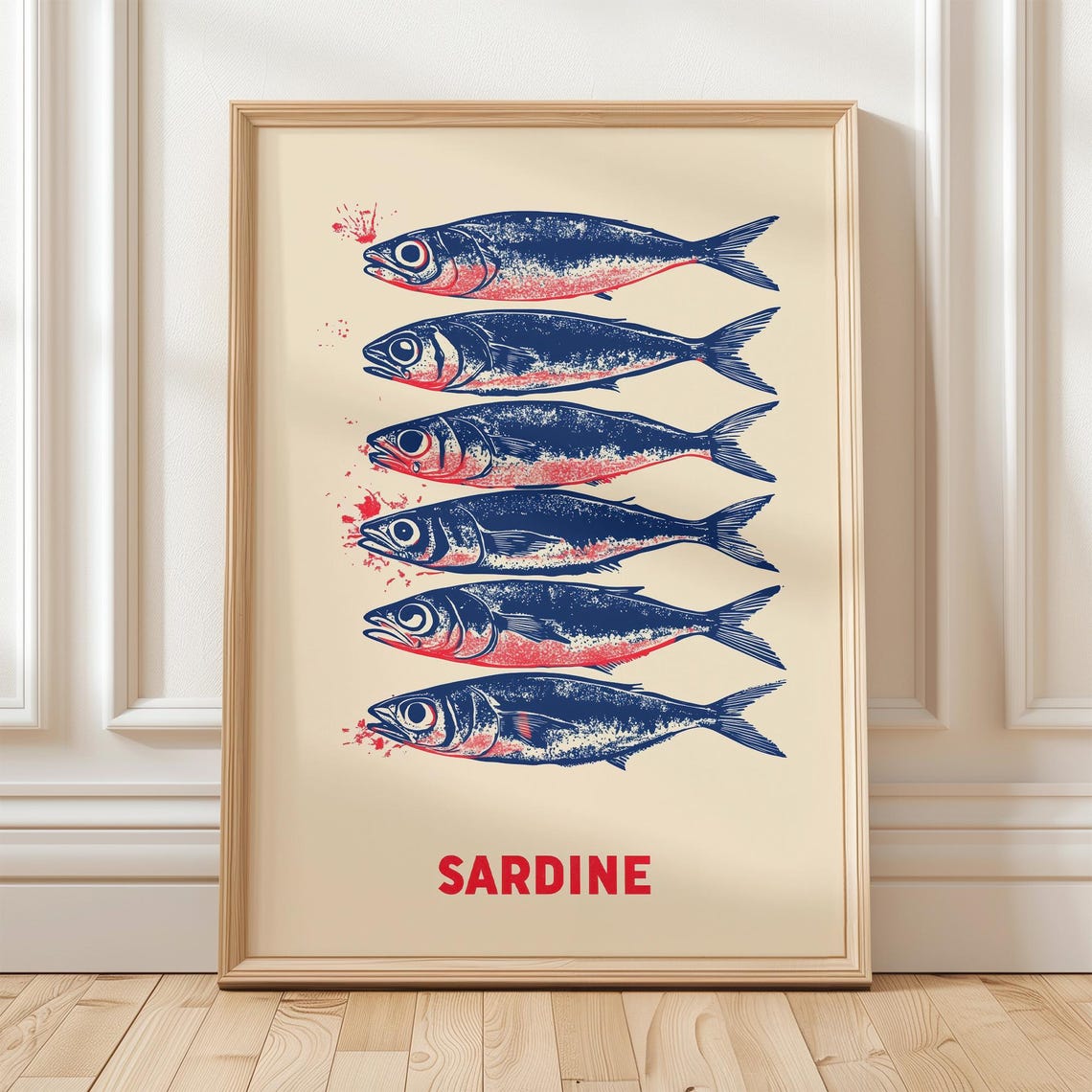 Bold Sardine Artwork Nautical Fish Wall Art Vintage Red Blue Sardine Print Coastal Ocean Inspired Decor