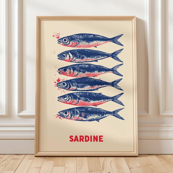 Bold Sardine Artwork Nautical Fish Wall Art Vintage Red Blue Sardine Print Coastal Ocean Inspired Decor