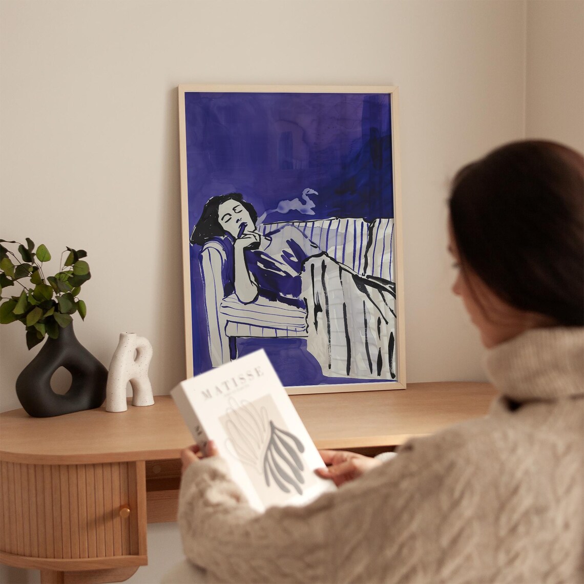 Purple Painterly Portrait Of Woman Smoking On Striped Chair Poster - Image 5