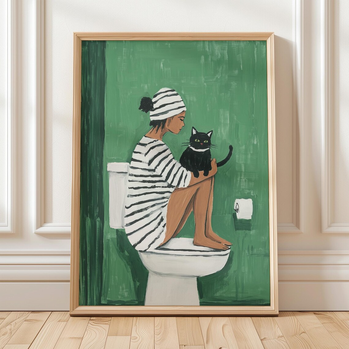 Striped Woman And Black Cat, Minimalist Bathroom Decor