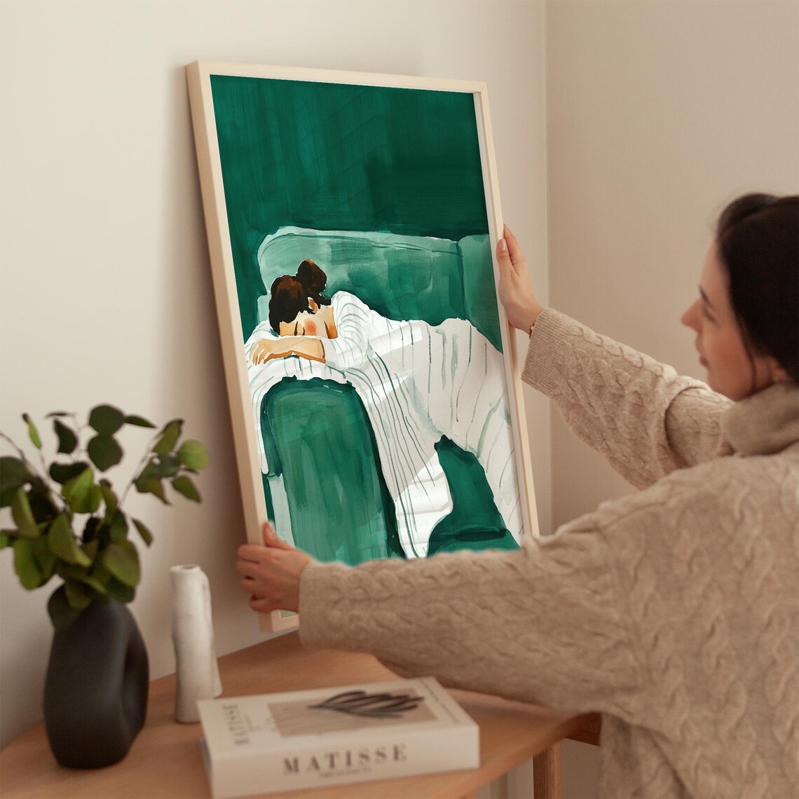Sleeping Woman Draped Over Emerald Green Sofa Minimalist Watercolor Poster - Image 5
