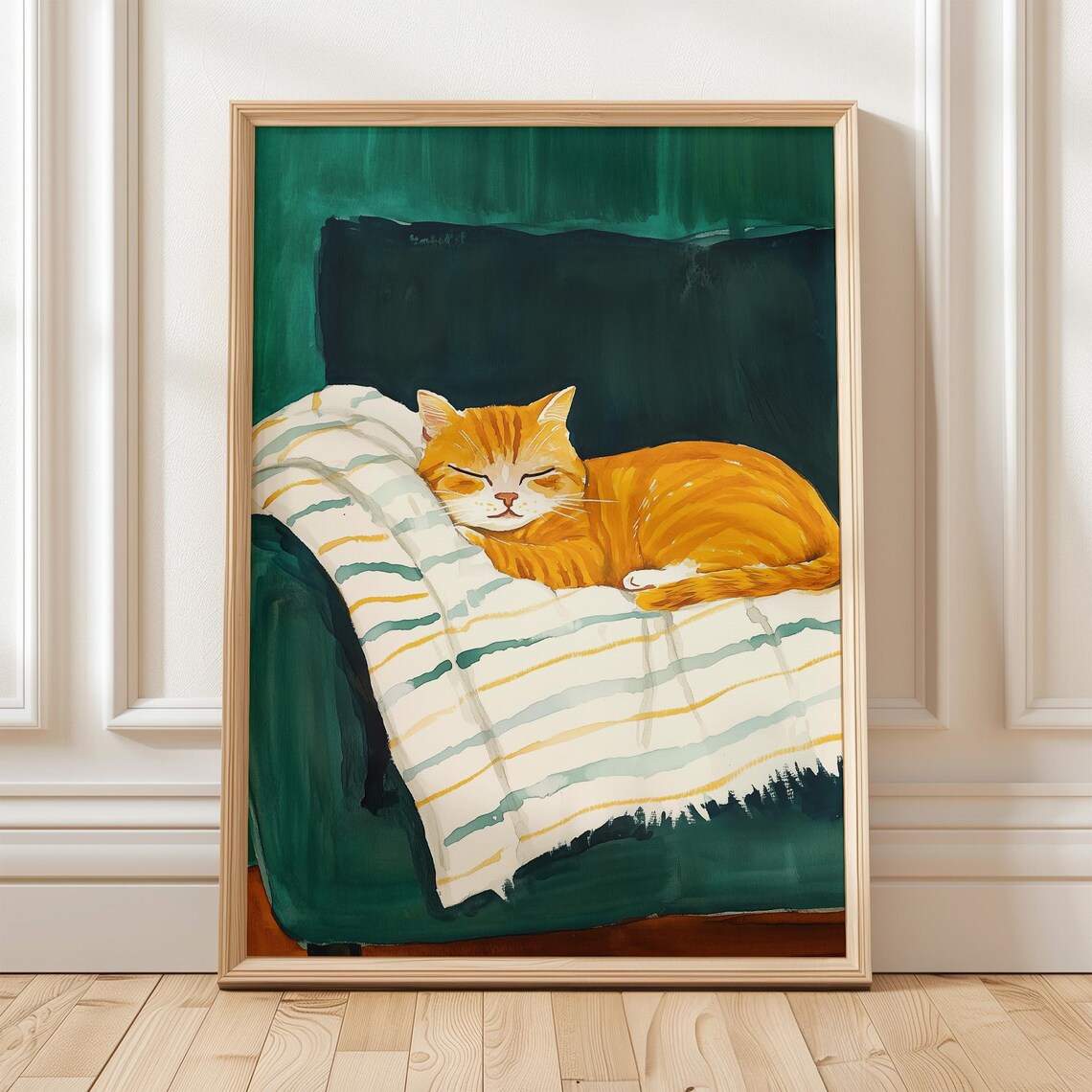 Sleeping Ginger Cat On Striped Blanket Emerald Green Wall Poster - Image 5