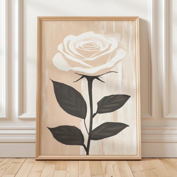 White Rose Wall Art Beige Floral Botanical Print Minimalist Flower Poster Black Stem Illustration Romantic Neutral Decor