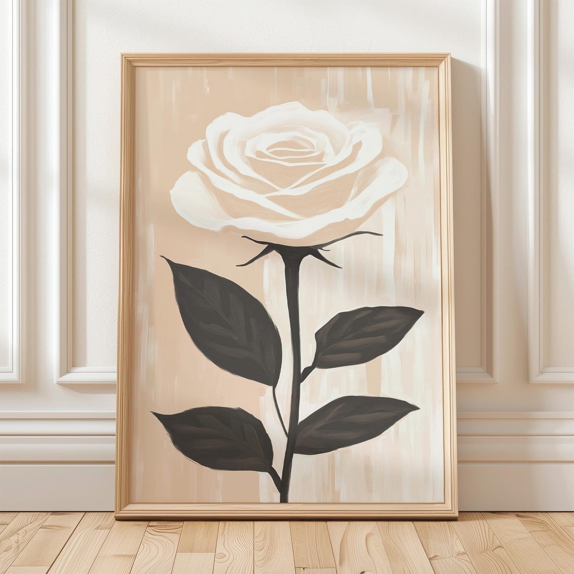 White Rose Wall Art Beige Floral Botanical Print Minimalist Flower Poster Black Stem Illustration Romantic Neutral Decor