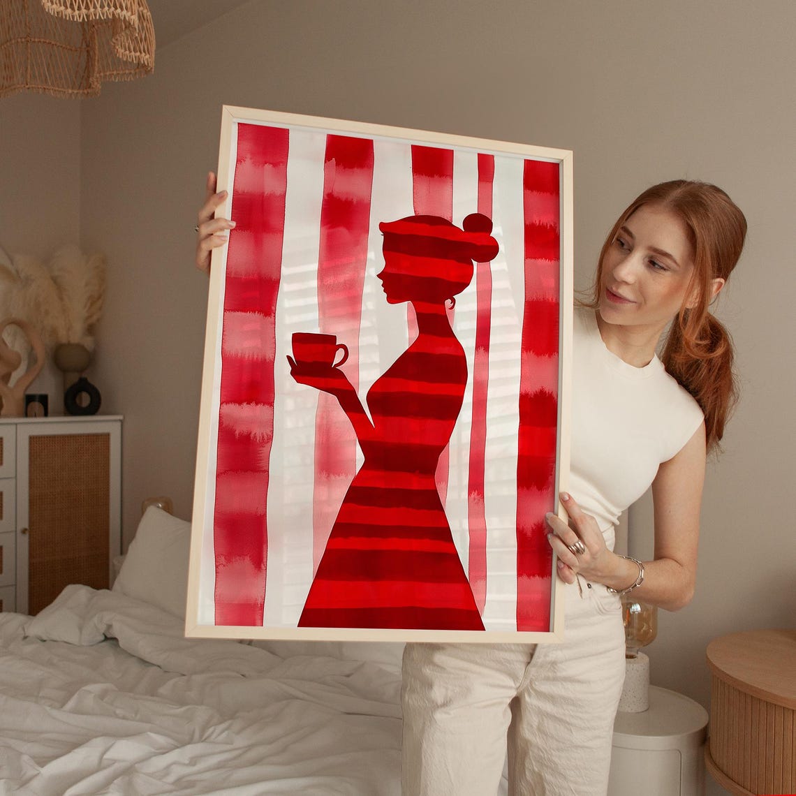 Red Striped Woman With Coffee Art Modern Abstract Print Bold Minimalist Wall Art Poster Contemporary Artwork - Image 5