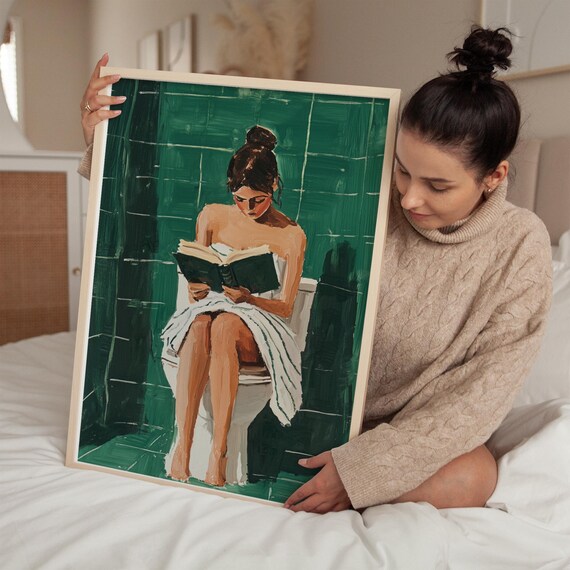 Woman Reading on Toilet Emerald Bathroom Feminist Art Poster