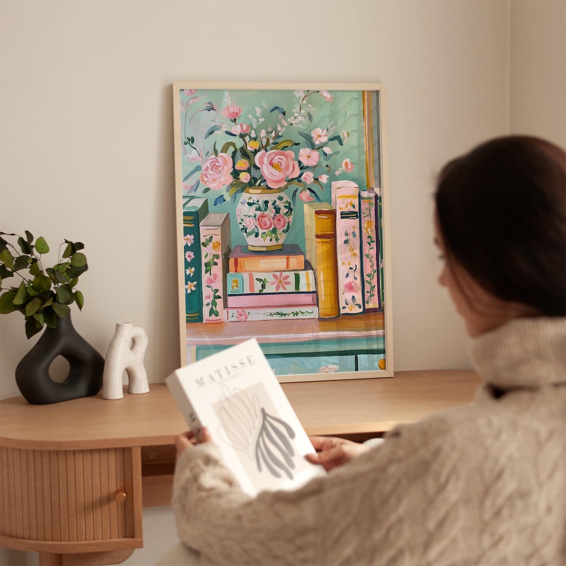 Vintage Floral Bookshelf Art Print, Book Lover Decor - Image 5