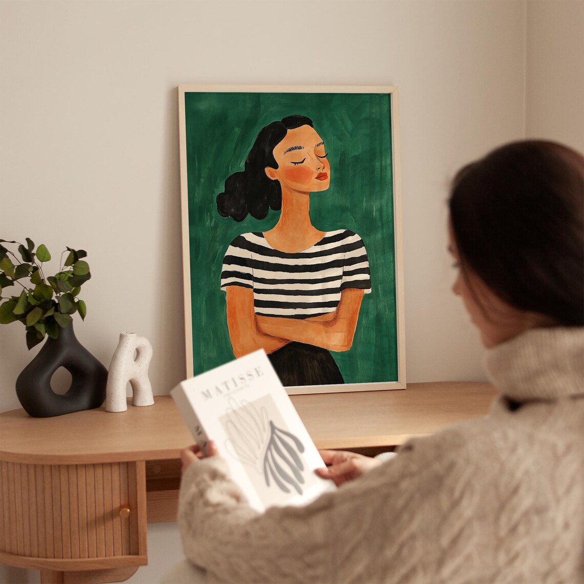 Confident Woman in Striped Shirt Emerald Green Portrait Poster - Image 3