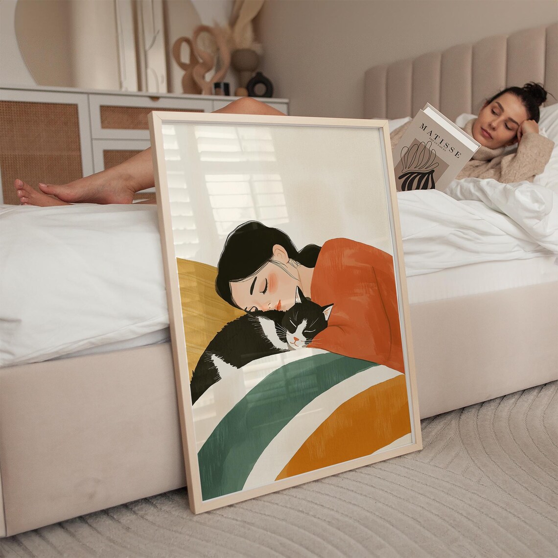 Woman Napping With Black and White Cat Cozy Illustration Poster - Image 3