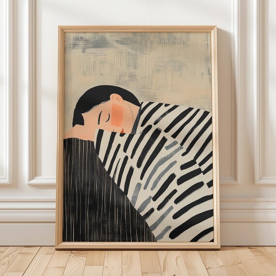 Sleeping Woman in Monochrome Stripes Contemporary Minimal Poster