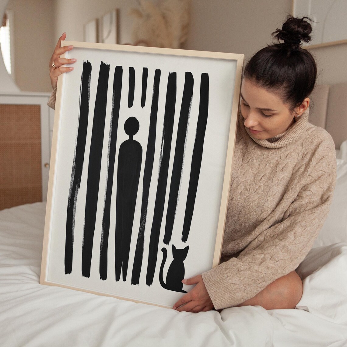Tall Striped Figure Standing With Small Black Cat Art Poster - Image 5