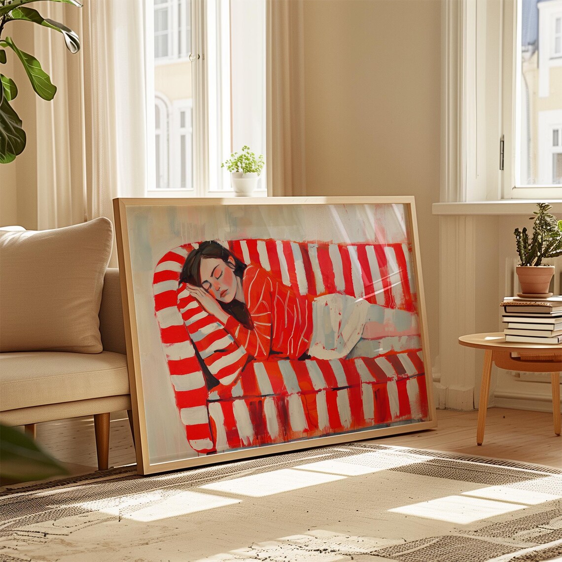 Woman Sleeping on Red Striped Couch Painterly Cozy Bedroom Poster - Image 3