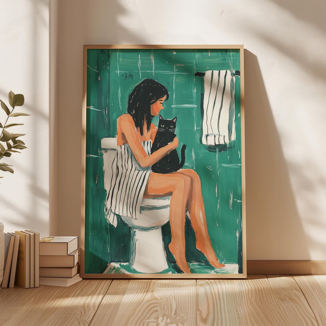 Woman Hugging Black Cat on Toilet Teal Funny Bathroom Art Poster