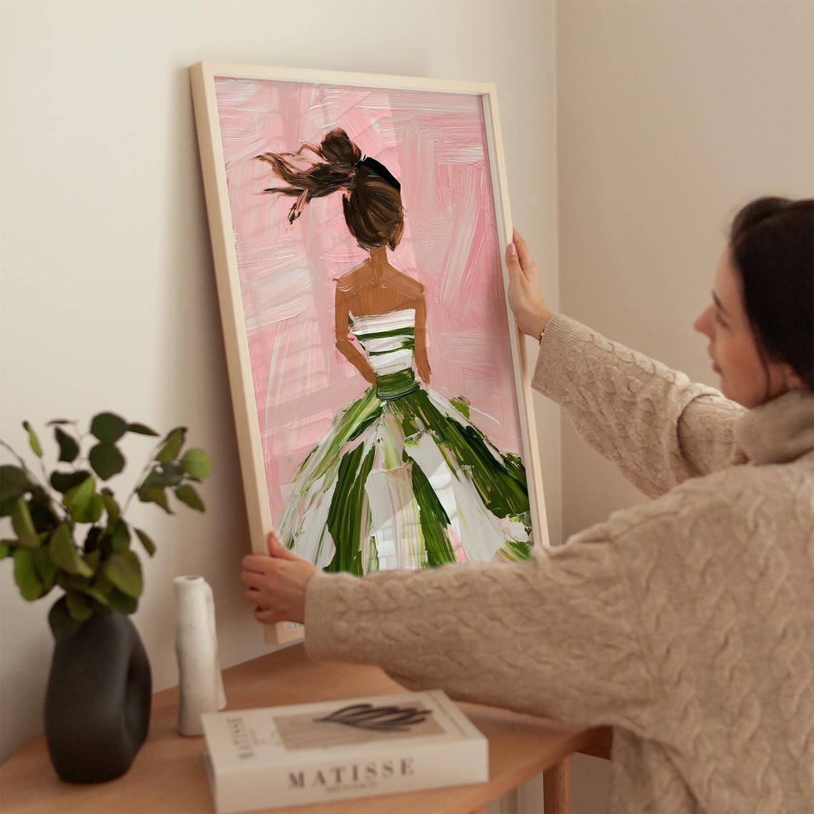 Elegant Woman in Pink and Green Dress, Modern Art Print - Image 5