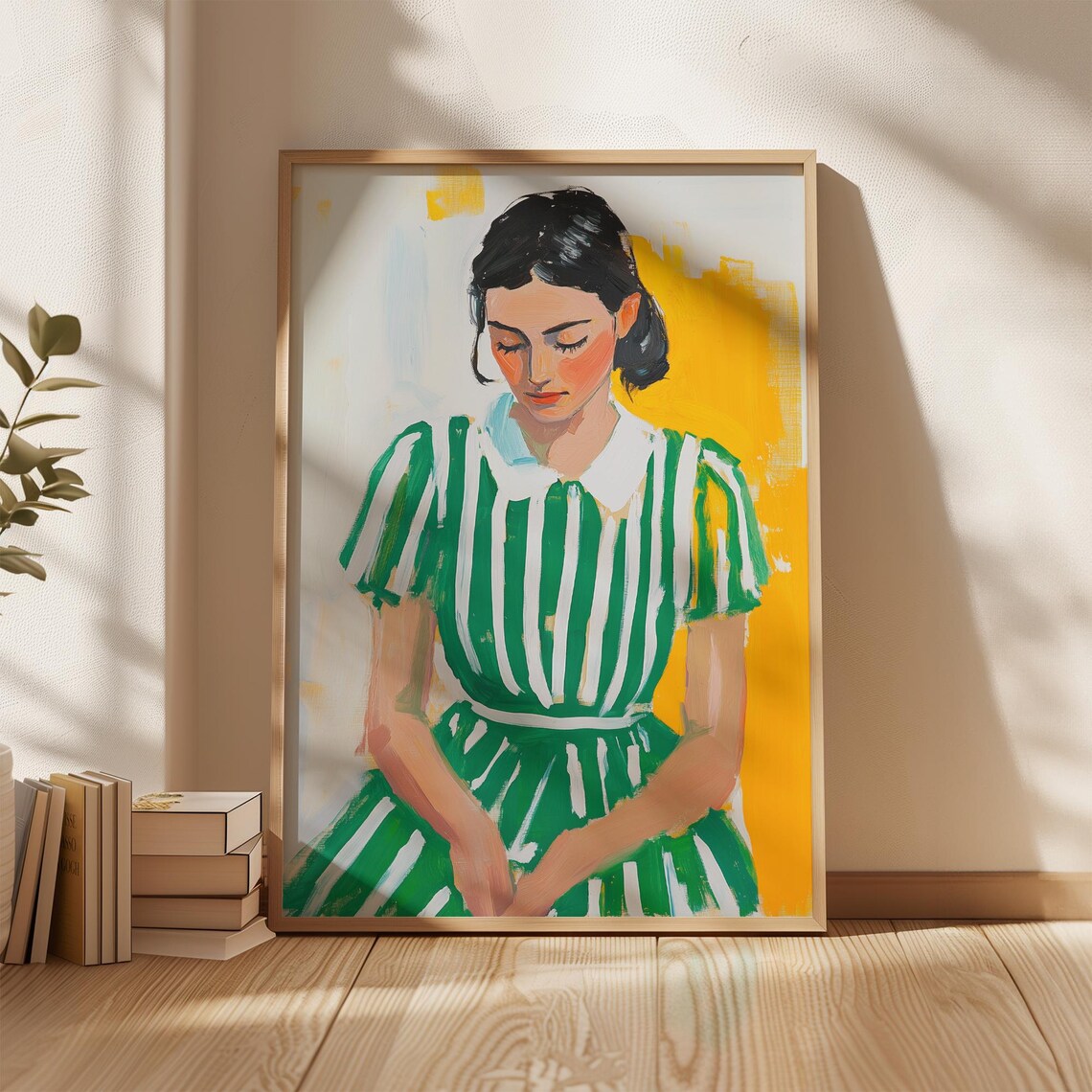 Seated Woman in Green Striped Dress Yellow Background Poster - Image 2